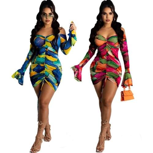 Summer Women Sexy Tube Top Dresses Flare Sleeve Bodycon Pleated Dress Fashion Printing Sheath Drawstring Mini Dresses Streetwear
