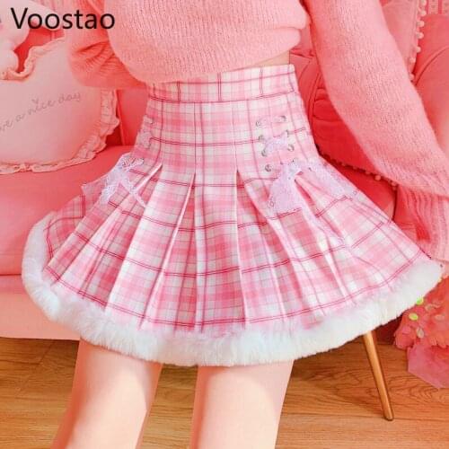 Sweet Lolita Style Women Skirts Korean Fashion Kawaii Lace Lace-Up Pink Plaid Pleated Mini Skirts Girls Kawaii Faldas Mujer Moda