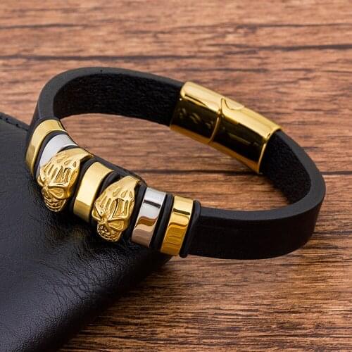 Charms Trendy Punk Black Genuine Leather Bracelet Men Skull Gold Silver Color Stainless Steel Magnetic Metal Clasp Jewelry