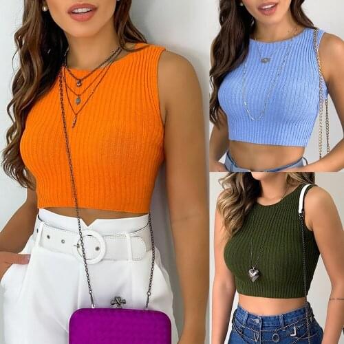 New Summer Women Sexy Midriff-Baring Camisole Fashion Solid Color Round Collar Sleeveless Knitted Tops Slim Base Shirt S-XL