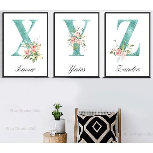 Custom baby name pink flowers green simple wall art canvas painting family custom poster childrens room decoration