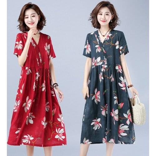 Cotton and Linen Dress Summer New Ethnic Retro Printing Pleated V-neck Short-sleeved Large Size Fashion Midi Dress Casual K655