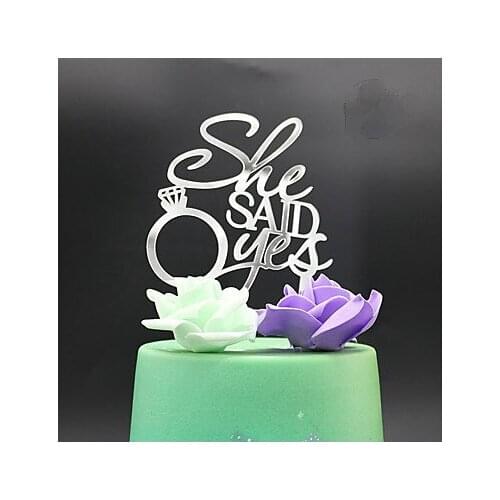 "She Said Yes " Acrylic Mirror Silver Wedding Cake Topper Gifts Favors for Wedding Decoration Cake Decorating