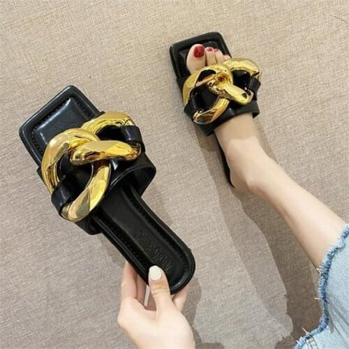 Summer New Womens Slippers Metal Chain Open Toe Flat Sandals Women Outdoor Casual Shoes Ladies Beach Slides Female Footwear