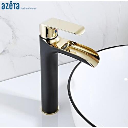 Azeta Basin Faucet Black Bathroom Waterfall Water Tap Deck Mounted Brass Faucet Single Handle Basin Sink Mixer Tap AT4206HBG