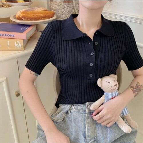 2020 Korean Fashion Women Knitted Buttons Cropped Sweater Vintage Turn Down Collar Stretch Knitwear Short Sleeve Thin Tops