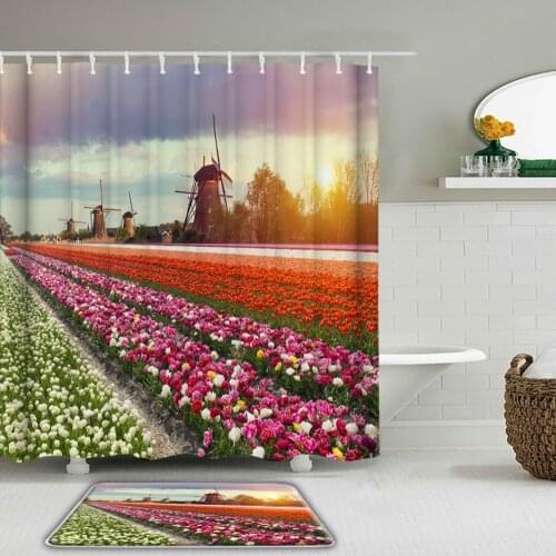 3D Rural Scenery Tulip Flowers Fabric Waterproof Shower Curtain Set Bathroom Curtains Set Non-Slip Toilet Rug and Bath Mat