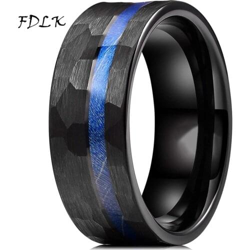 Unique 8MM Mens Black Hammered Tungsten Carbide Ring Inlay Blue Dyed Wood Multi-Faceted Men Engagement Ring Mens Wedding Band