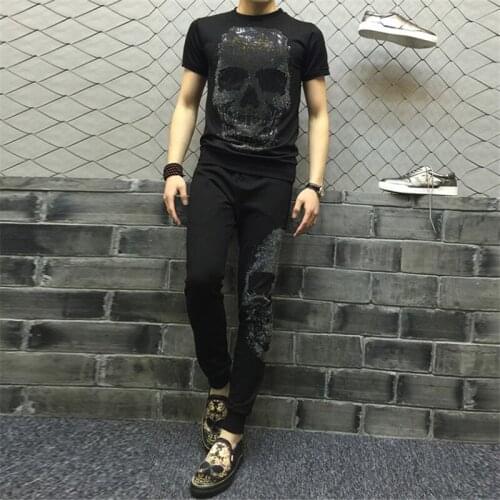 High-quality mens sportswear T-shirt+trousers leisure 2-piece sports suit black slim suit spring sports jogging suit