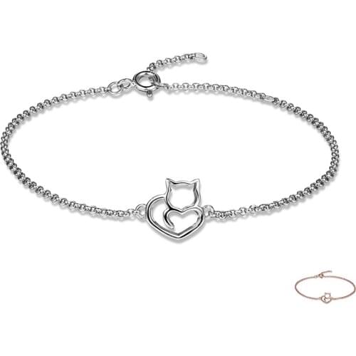 ZEMIOR 100% 925 Sterling Silver Cat And Heart Link Chain Bracelets For Women Authentic Wedding Female Jewelry Gift New Arrival