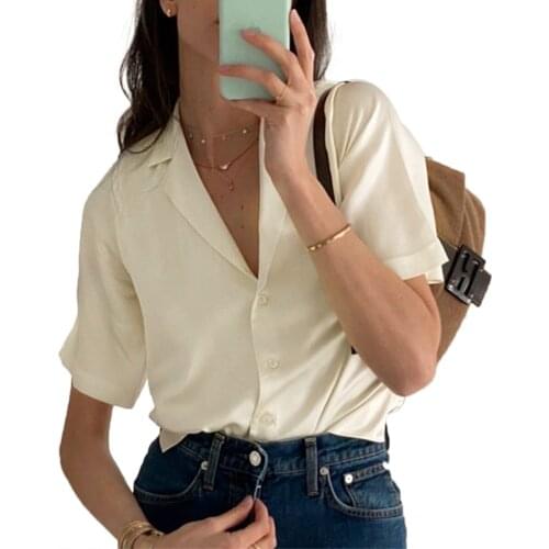 Women Satin Solid Color Suit Shirt, Collar Neck Short Sleeve Elegant Silk Shirts Blouse