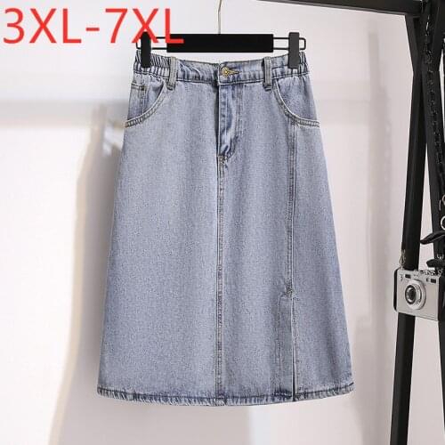 New 2021 Ladies Summer Plus Size Denim Midi Skirt For Women Large Casual Cotton A-line Blue Pocket Skirts 3XL 4XL 5XL 6XL 7XL