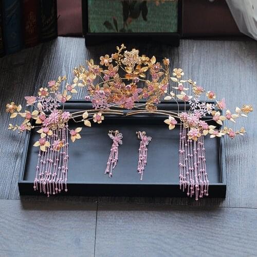PEORCHID Gold Purple Vintage Traditional Chinese Hair Stick Butterfly Hair Pins Women Flower Crown Headband Wedding Accessories