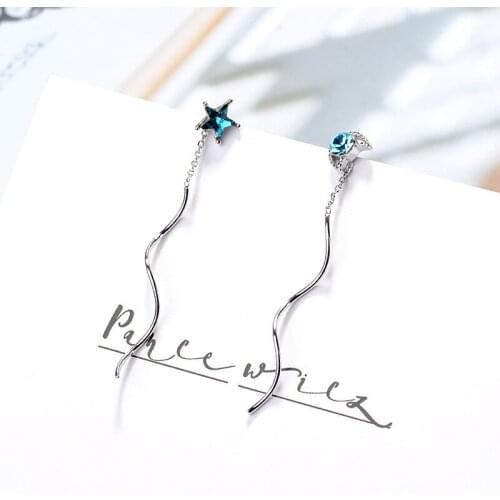 WYJZY Azure stars moon wave eardrop temperament earrings clear student simple jewelry ladies exquisite dangler gift