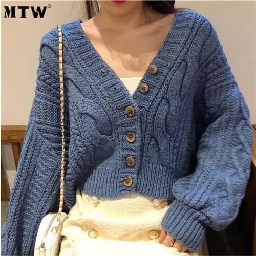 Women Warm Short Sweaters Autumn Winter Knitted Cardigans 2020 Vintage Loose Long Sleeve Solid Casual Outwear Tops