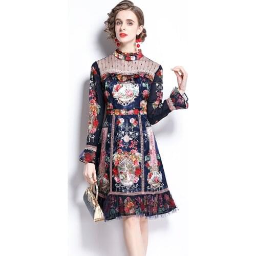 New 2021 Fashion Runway Summer Mini Dress Women Long Flare Sleeve Mesh Patchwork Floral Print Short Jacquard Dress k9006