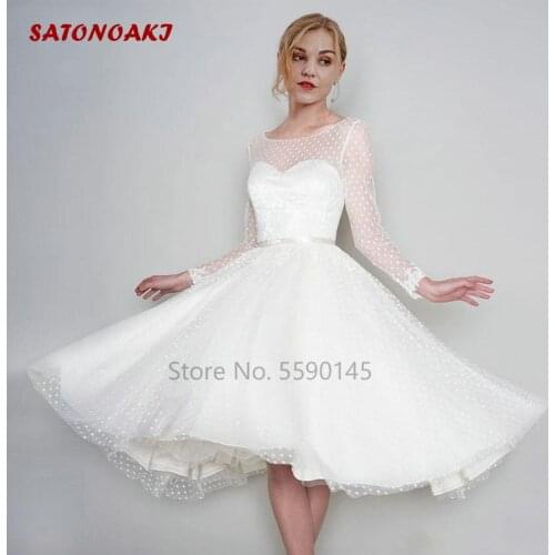 New Knee Length Princess Wedding Dress With Long Sleeves Jewel Sheer Neck Cheap Bridal Gown Vestido De Novia Undefined Mariage