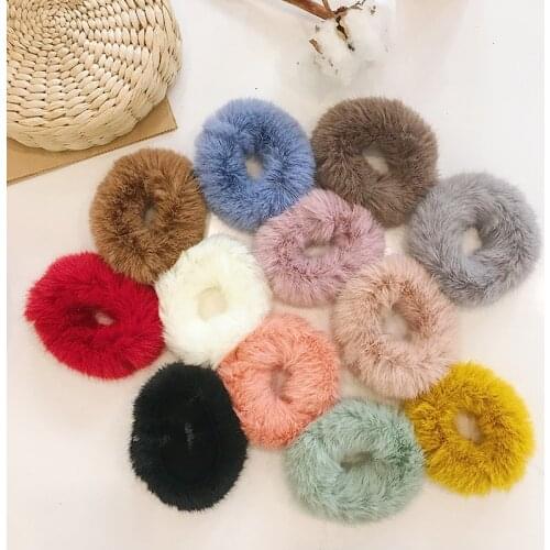12 Pcs Different Colors Rabbit Fur Cover Hair Tie Simple Elastic Solid Color Scrunchies Hair Rope Imitation Mink Down Fur Ribs