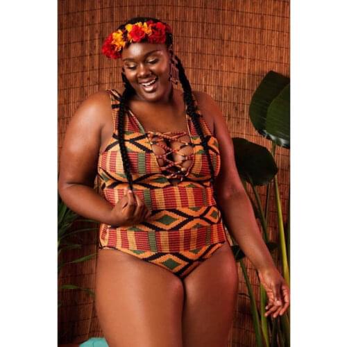 African Dashiki One-piece Swimsuit Plus Size Women Sexy Bikini Bust Lace Up Swimwear Summer Beach Wear swimming suit XL-4XL
