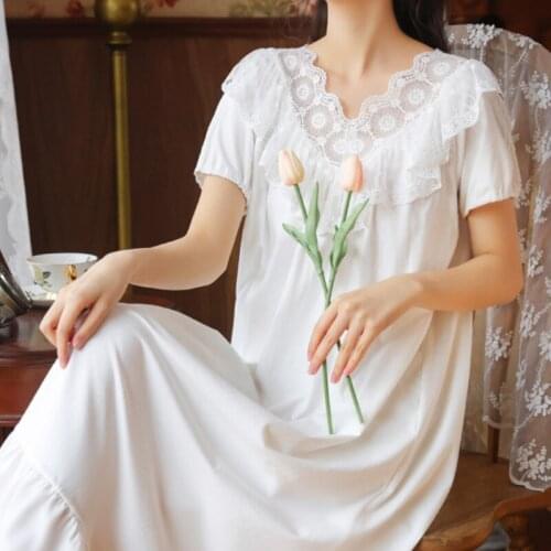 Victorian White Cotton Night Dress Women Lace Short Sleeve Long Peignoir Nightwear Vintage Nightgown Romantic Princess Sleepwear