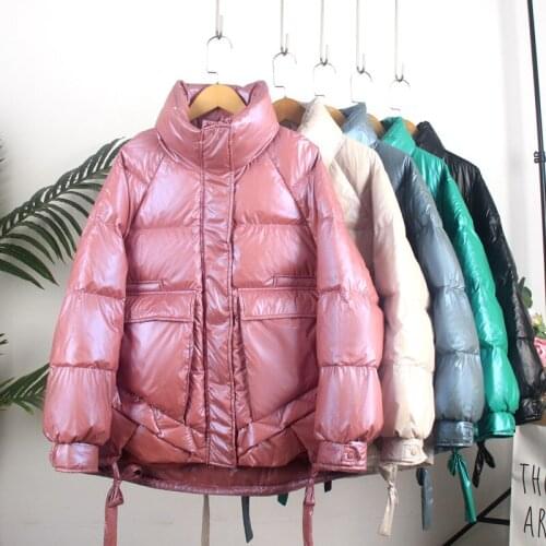 Glossy Bright surface down Jacket Womens Winter Korean Loose Slim Short Thick down Coat Wide-Waisted Long Sleeve puffer jacket