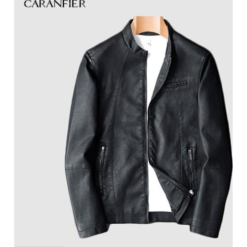 CARANFIER 2019 New Fashion Autumn Male Leather Jacket Plus Size 3XL Black Brown Mens Stand Collar Coats Leather Biker Jackets