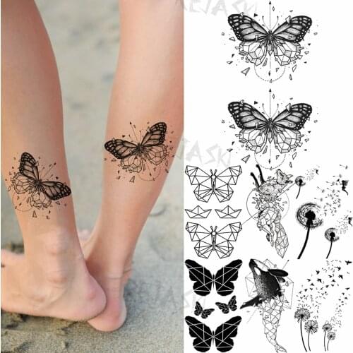 Black Geometric Butterfly Feet Temporary Tattoos For Women Adult Dandelion Fake Tattoo Realistic Body Art Decoration Tatoo Paper