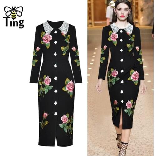 Tingfly Design Runway Fashion 2022 New Flower Embroidery Straight Party Night Dresses Button Decor Rose Black Midi Long Elbise