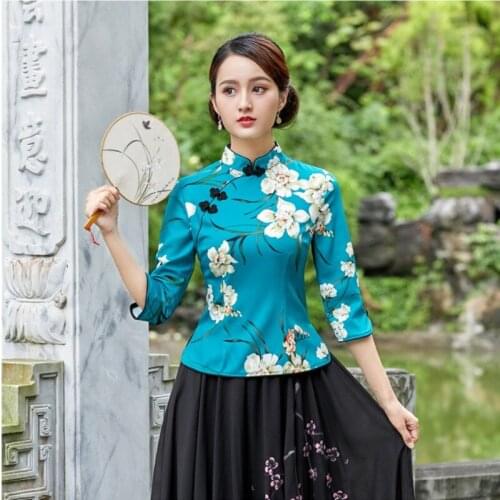 Sheng Coco Elegant Qipao Top Traditional Chinese Cheongsam Blouse Royal Blue Chinese Printing Women Clothing Long Sleeve