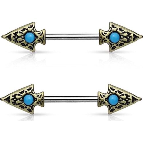 Tribal Arrow or Spear with Antique Gold Tone Nipple Bars Barbells Rings - 14G 316L Stainless Steel - Sold as a Pair