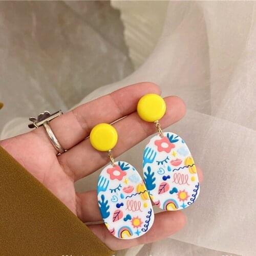 Geometric Color Blue flowers Women Jewelry Eardrop Dangle Acrylic Printed Blue Flower Earring