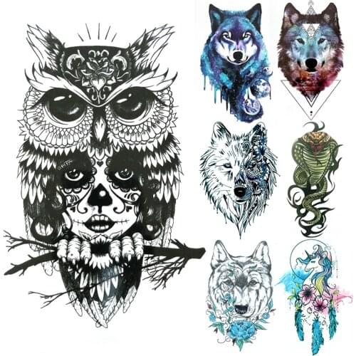 Owl Fake Temporary Tattoos For Men Women Watercolor Geometric Wolf Tattoo Snake Flower Unicorn Feather Waterproof Tatoo Arm Hand