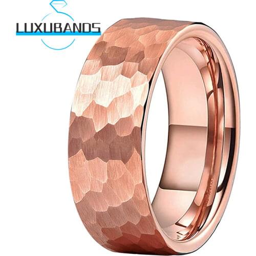 8MM Rose Gold Tungsten Wedding Ring Pipe Cut Multifaceted Hammered For Men Wemen Comfort Fit
