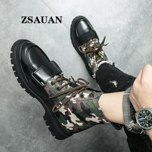 ZSAUAN British Camouflag Men Boots Fashion Unique Ankle High Top Boots Patchwork Cowboy Party Men Boots Plus Size