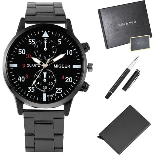 Mens Watch Gift Set Black Luxury Quartz Watches Practical Signature Pen Fashion Man Card Holder Gifts for Husband Dad Boyfriend