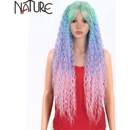 Nature Wig Kinky Curly Hair Glueless 32 inch Synthetic Wigs For Black Women Ombre Rainbow High Temperature Fiber Hair Lace Wig
