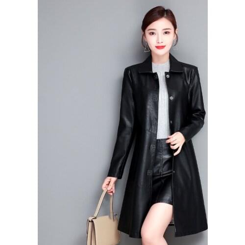 2021 New Autumn Long Leather Jacket Women Loose Sheep skin Windbreaker Ladies Slim Trench Coat Lady Spring Plus Size Outerwear