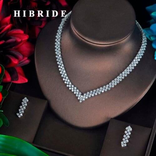 HIBRIDE Charm Luxury Round CZ Jewelry Sets For Women White Gold Color Necklace Earrings Bijoux Set parure bijoux femme N-591