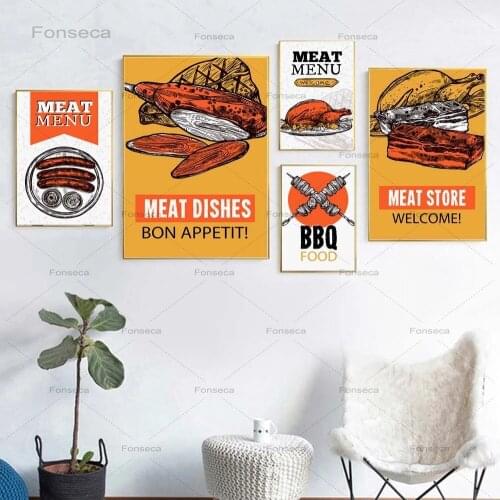 Meat Dishes BBQ Food Steak Bon Appetit Nordic Posters and Prints Wall Art Canvas Painting Wall Pictures Kitchen Restaurant Decor