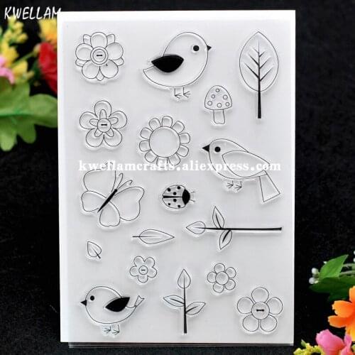 Bird Flowers Leaves Ladybug Butterfly Scrapbook DIY photo cards rubber stamp clear stamp transparent stamp 11x16cm KW7122221