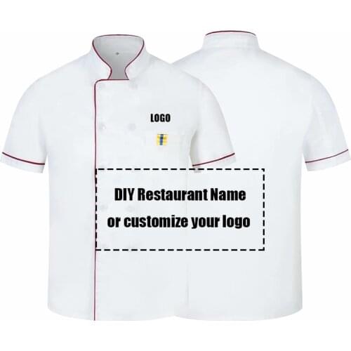 Customize DIY LOGO Print Chef Uniform Kitchen Bakery Cafe Food Service Short Sleeve Breathable Cook Wear Waiter Jacket Overalls