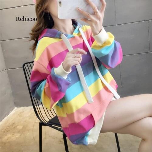 Stripe Cotton winter rainbow Women sweatshirt Long section rainbow Harajuku Casual Hoodies Korean Style Oversized Tops Female