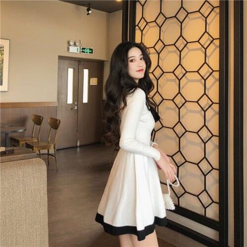 Women Spring Autumn Loose Tunic Knitted Casual Fashion Clothes Long Sleeve V Neck Elegant Sweater Dress Solid Dresses New