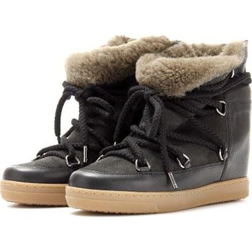 Height Increase Snow Boots Nowly Shearling Lined Textured Leather Lace Up Round Toe Women Ankle Booties Winter Retro Shoes