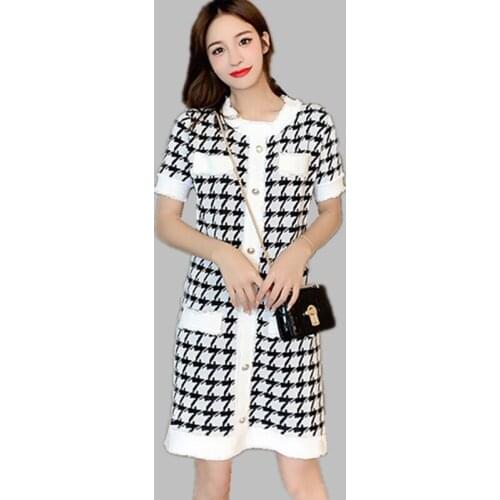 2021 New Summer Houndstooth White Black Single-Breasted Women Knitted Dress Elegant Short Sleeve High Waist Dress
