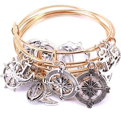 10 Pcs Bangle Set Wholesale Anchor Charm Bracelets Gold Color & Silver Color Adjustable Wire Bangles for Women Cuff Jewelry A012