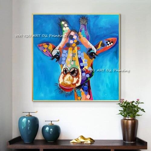 100% Handmade Animal Colorful Giraff Oil Painting Blue Wall Art Modern Office Wall Large Canvas Home Kids Decoration As A Gift
