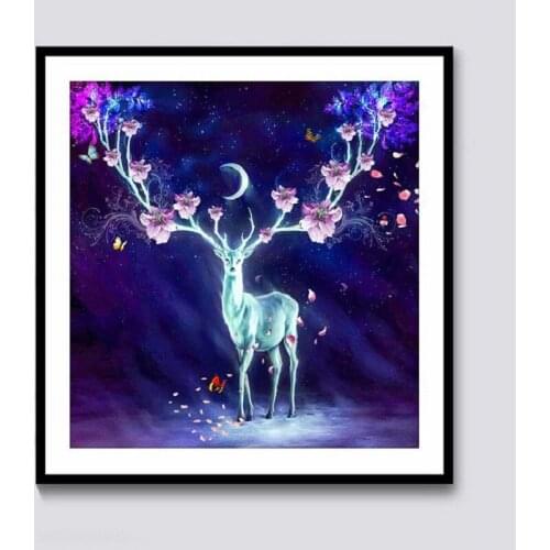 5D Diamond painting full of diamond elk beautiful fantasy night scene fawn animal cross stitch living room bedroom dining room