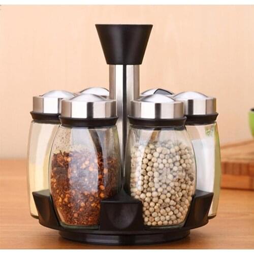 7Pcs/Set Rotating Glass Cruet Condiment Spice Jars Set Pepper&Salt Shakers Seasoning Box Sprays Kitchen Storage Rack