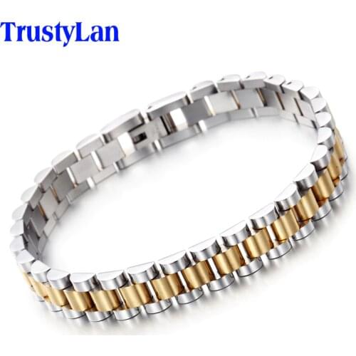 TrustyLan Chain Link Mens Bracelets Gold Color Stainless Steel Watchband Style Adjustable Bracelet Men Jewelry Accessory Gifts